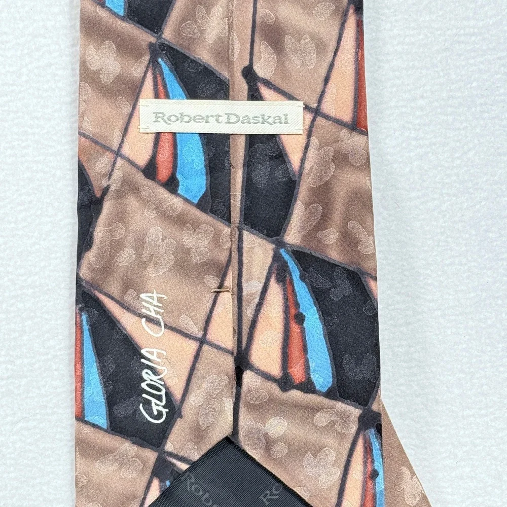 Robert Daskal Necktie Mens OS Brown Handpainted Geometric Silk Gloria Cha Artsy